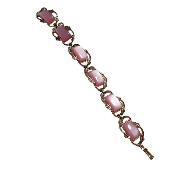 Women Bracelet 7" Gold Tone With Baby Pink Cabochons Fashion Costume Jewlery - Picture 2 of 6